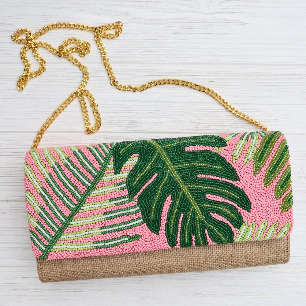 BAG Half Flap Natural Clutch in Beaded Pink with Green Leaves