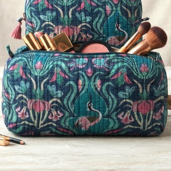 BAG Large Deep Teal Crane Block Print Cosmetic Bag