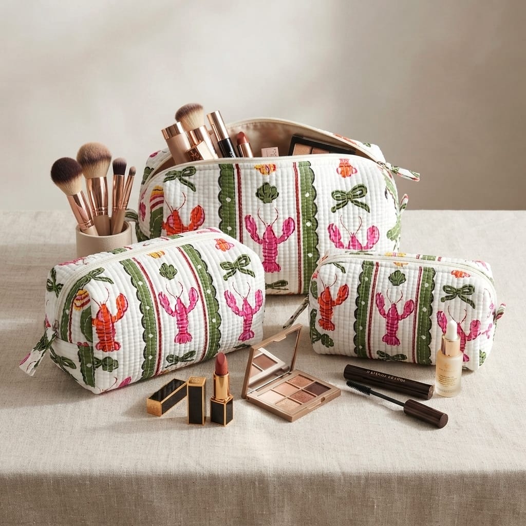 BAG Large White Lobster Stripe Block Print Cosmetic Bag