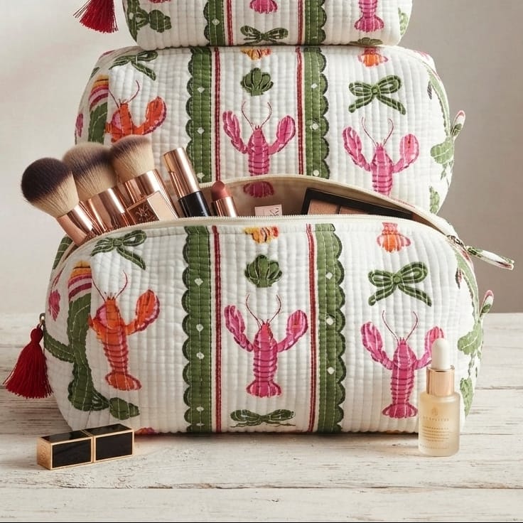 BAG Large White Lobster Stripe Block Print Cosmetic Bag