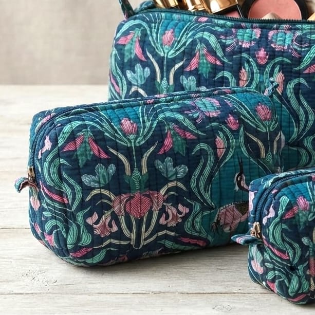 BAG Medium Deep Teal Crane Block Print Cosmetic Bag