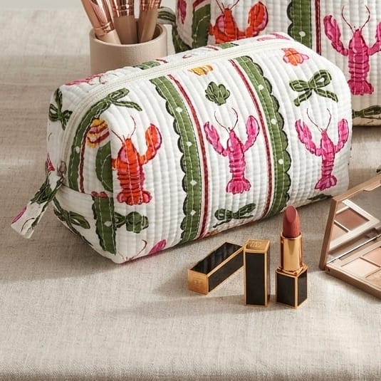 BAG Medium White Lobster Stripe Block Print Cosmetic Bag