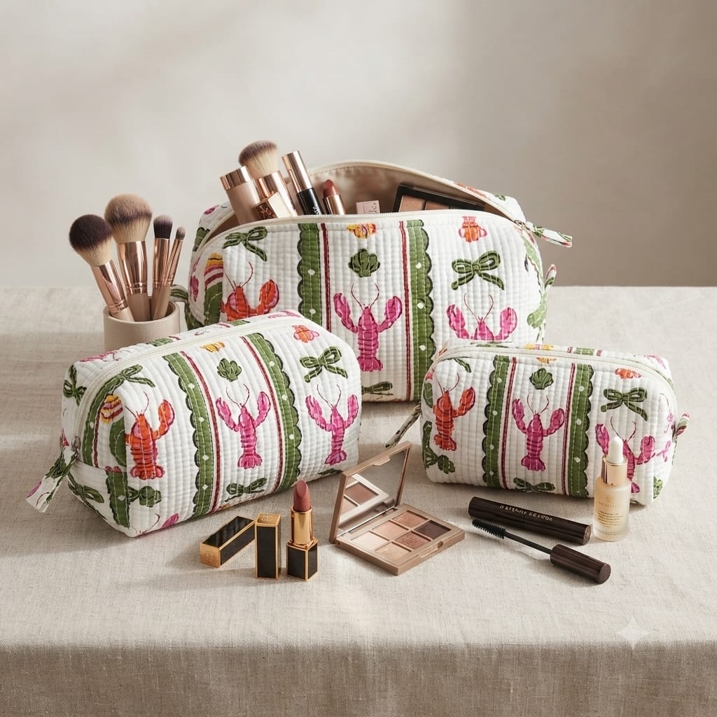 BAG Medium White Lobster Stripe Block Print Cosmetic Bag