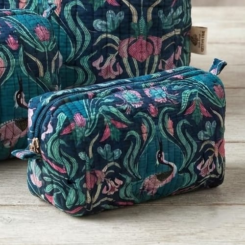 BAG Small  Deep Teal Crane Block Print Cosmetic Bag