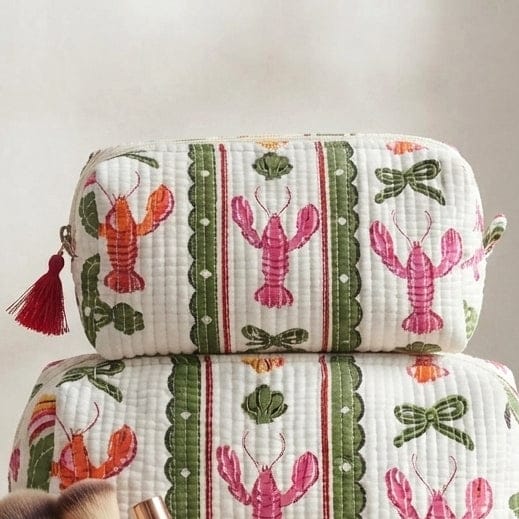 BAG Small White Lobster Stripe Block Print  Cosmetic Bag