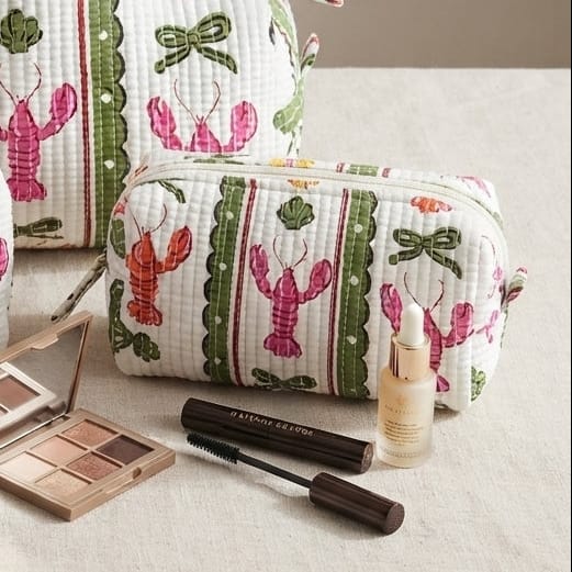 BAG Small White Lobster Stripe Block Print  Cosmetic Bag