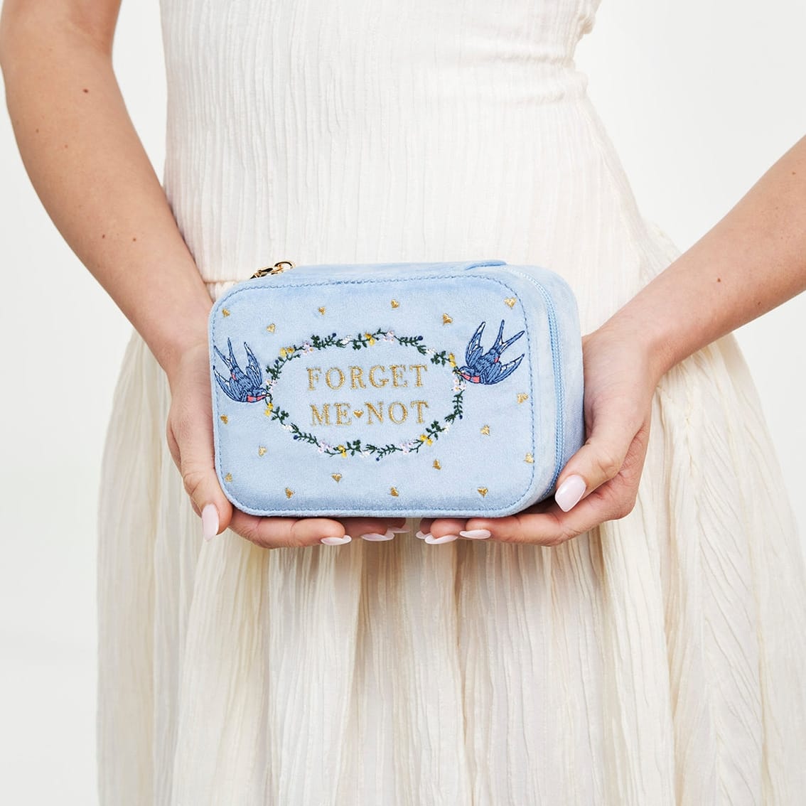 BOX Forget Me Not Blue Velvet Embroidered Jewelry Box