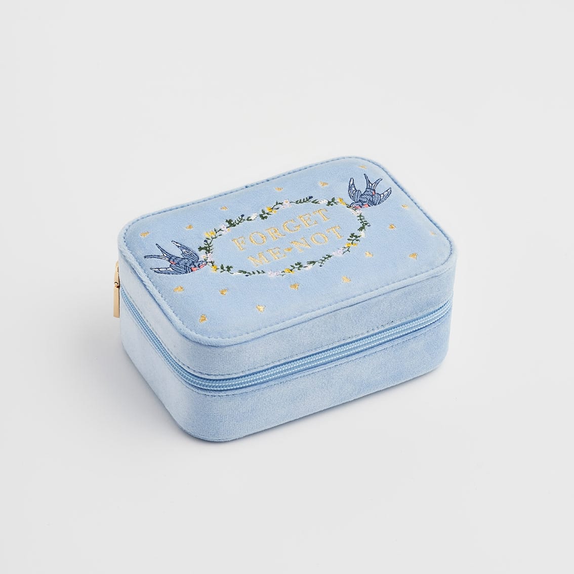 BOX Forget Me Not Blue Velvet Embroidered Jewelry Box
