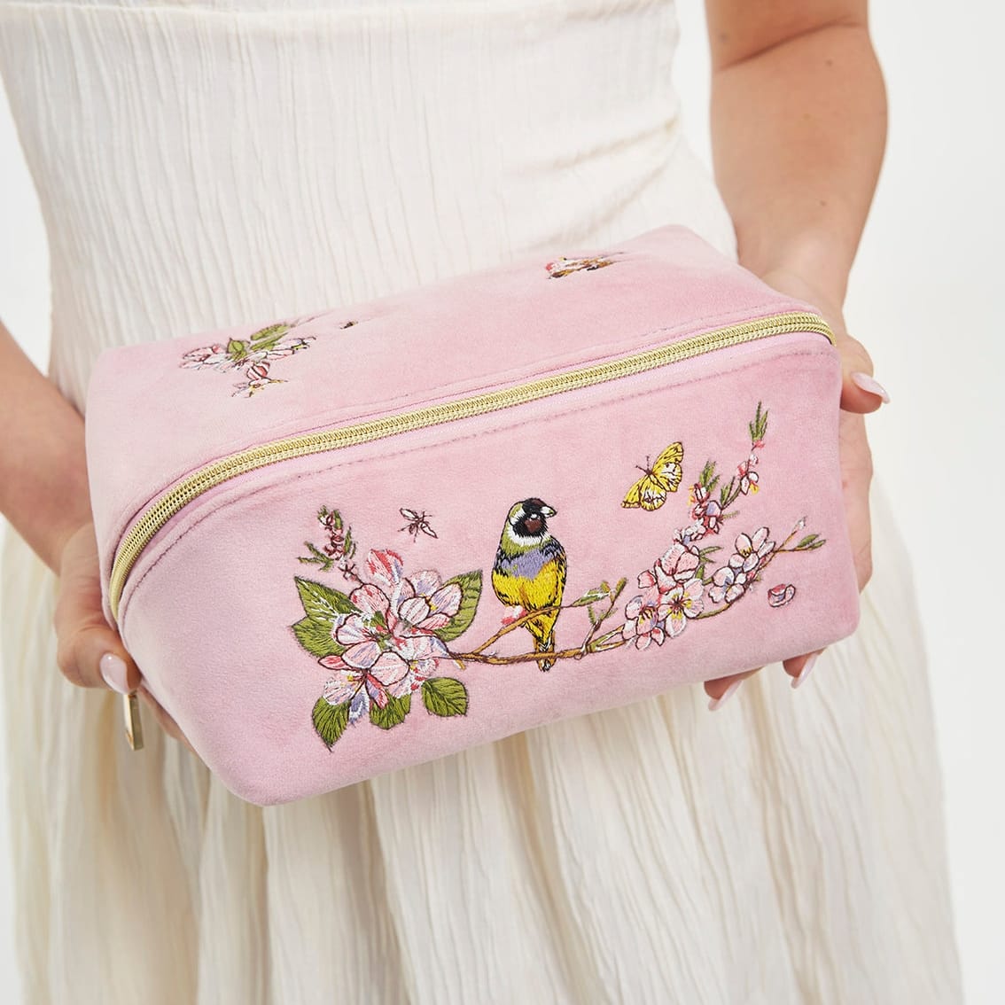 BOX Pink Love Velvet Embroidered Cosmetic Pouch