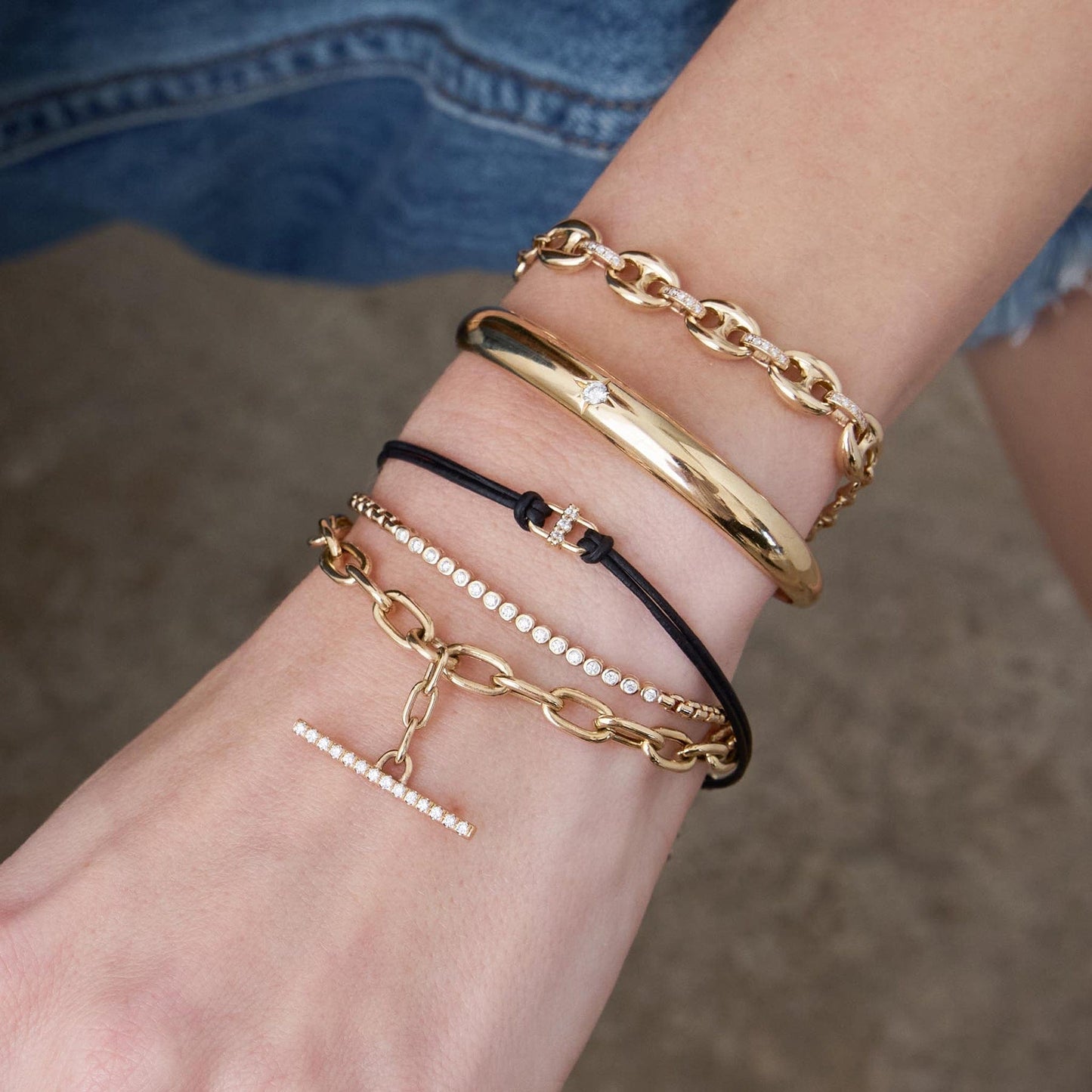 BRC-14K 14k 3 Prong Diamond Link Leather Cord Bracelet
