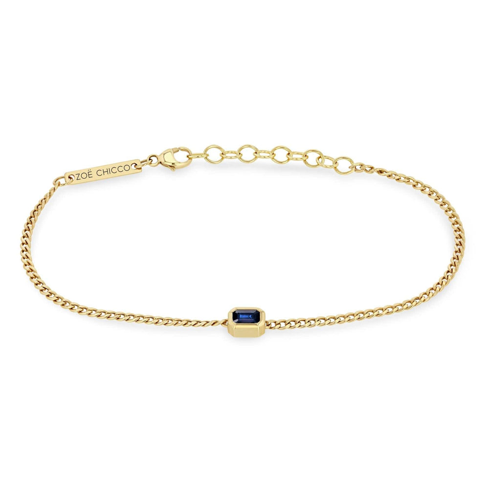BRC-14K 14k Emerald Cut Blue Sapphire XS Curb Chain Bracelet