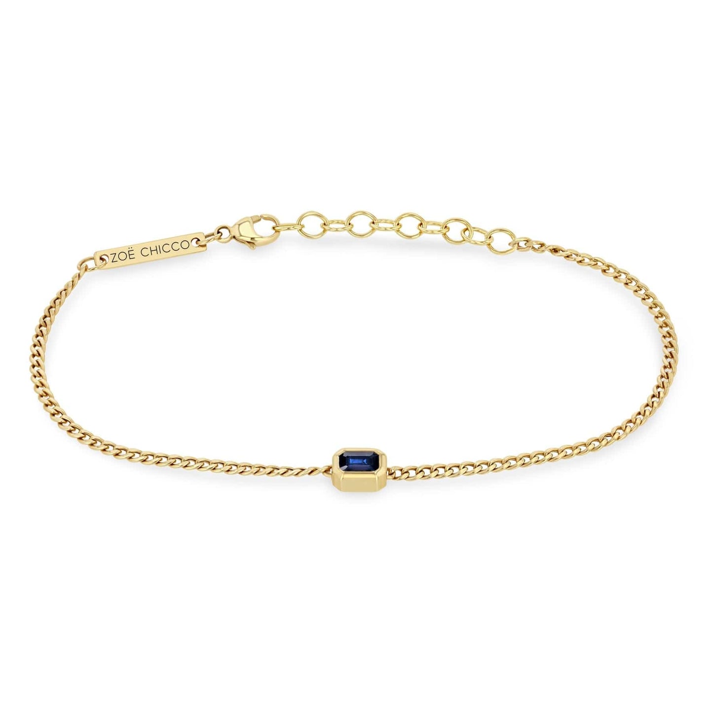 BRC-14K 14k Emerald Cut Blue Sapphire XS Curb Chain Bracelet