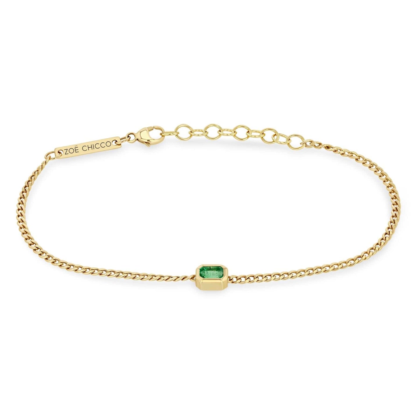 BRC-14K 14k Extra Small Curb Chain Emerald Cut Emerald Bezel Bracelet
