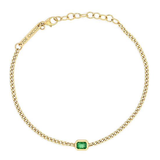BRC-14K 14k Extra Small Curb Chain Emerald Cut Emerald Bezel Bracelet