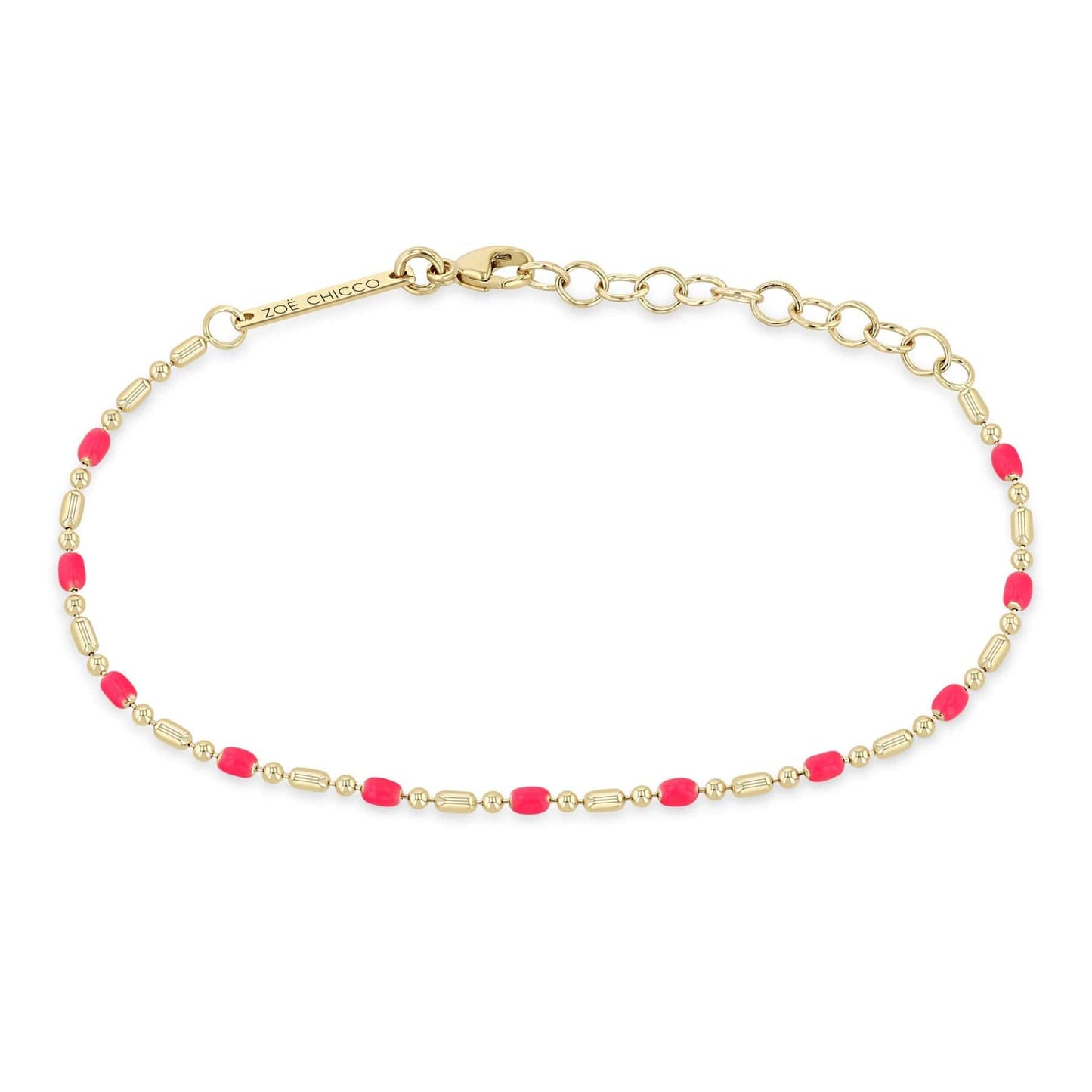 BRC-14K 14k Gold Large Neon Pink Enamel Bar & Bead Chain Bracelet