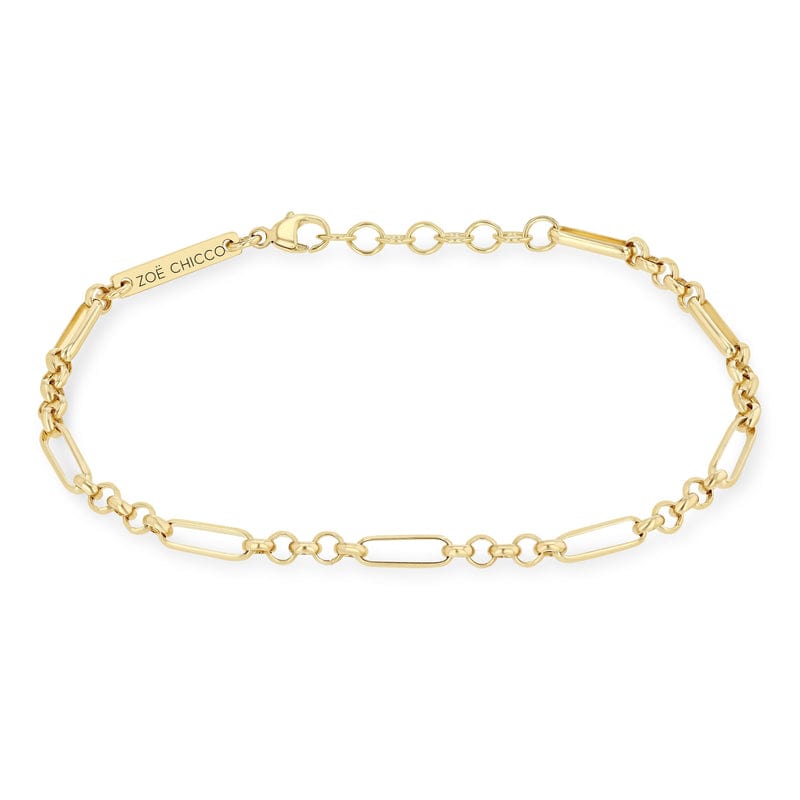 BRC-14K 14k Gold Medium Mixed Paperclip Rolo Bracelet 6-7"