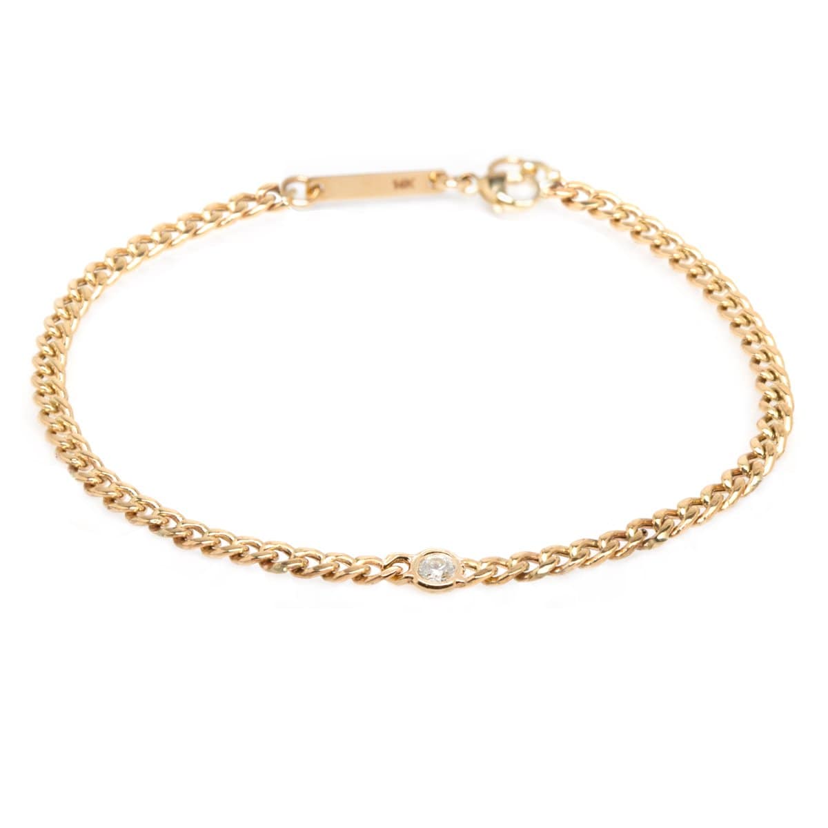 BRC-14K 14K Gold Small Curb Chain Bracelet with Floating 3mm Diamond