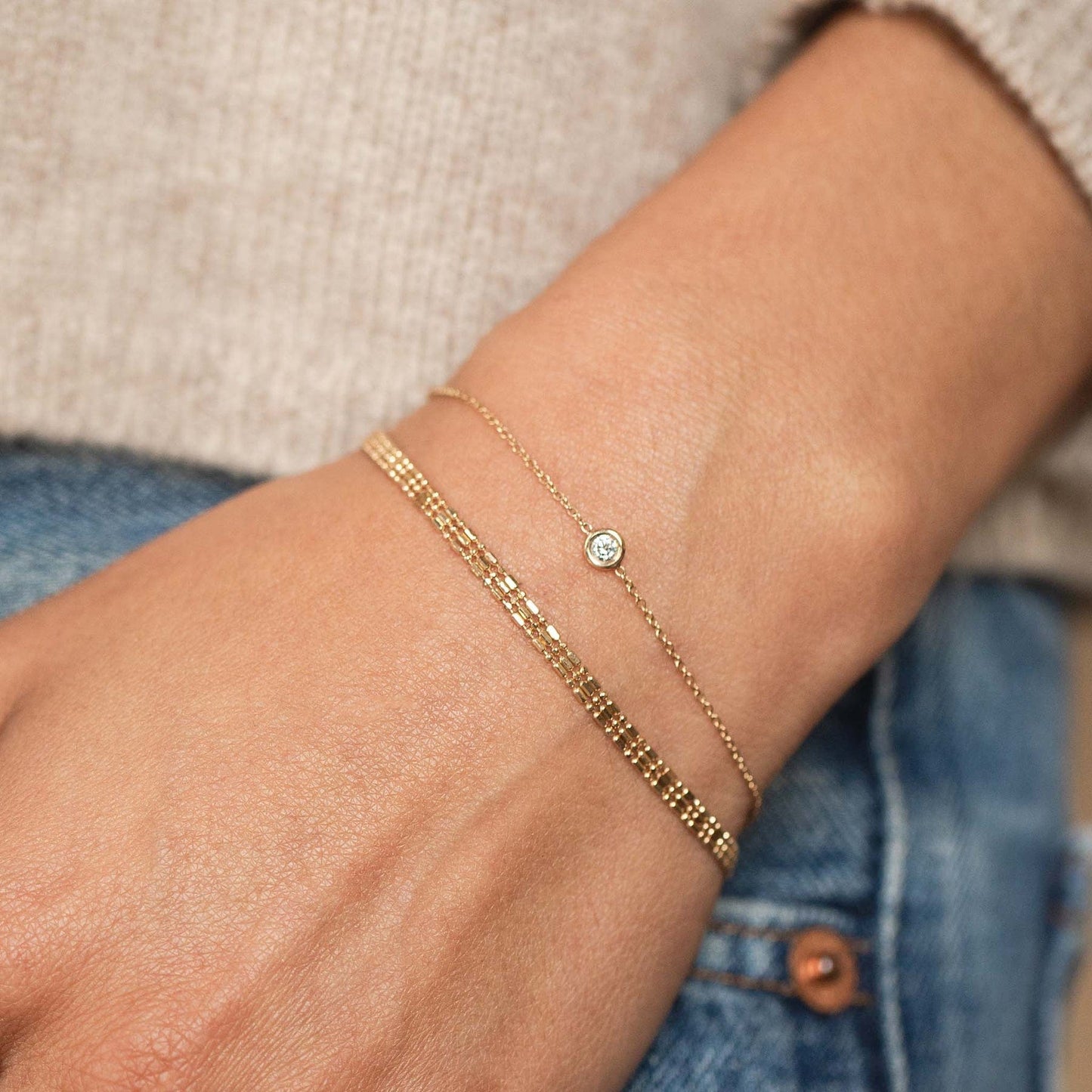 BRC-14K 14k Gold Triple Strand Tube Bar Chain Bracelet