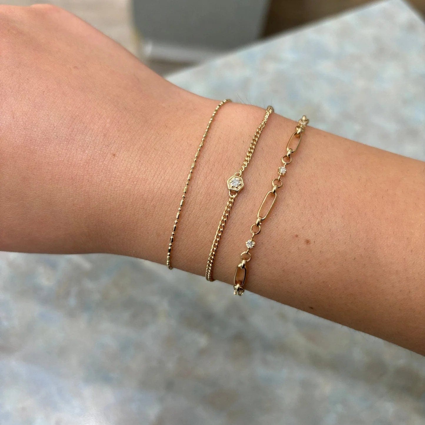 BRC-14K 14k Gold Tube Bar Chain Bracelet