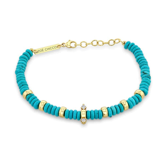 Load image into Gallery viewer, BRC-14K 14k Gold &amp;amp; Turquoise Rondelle and Diamond Bead Bracelet

