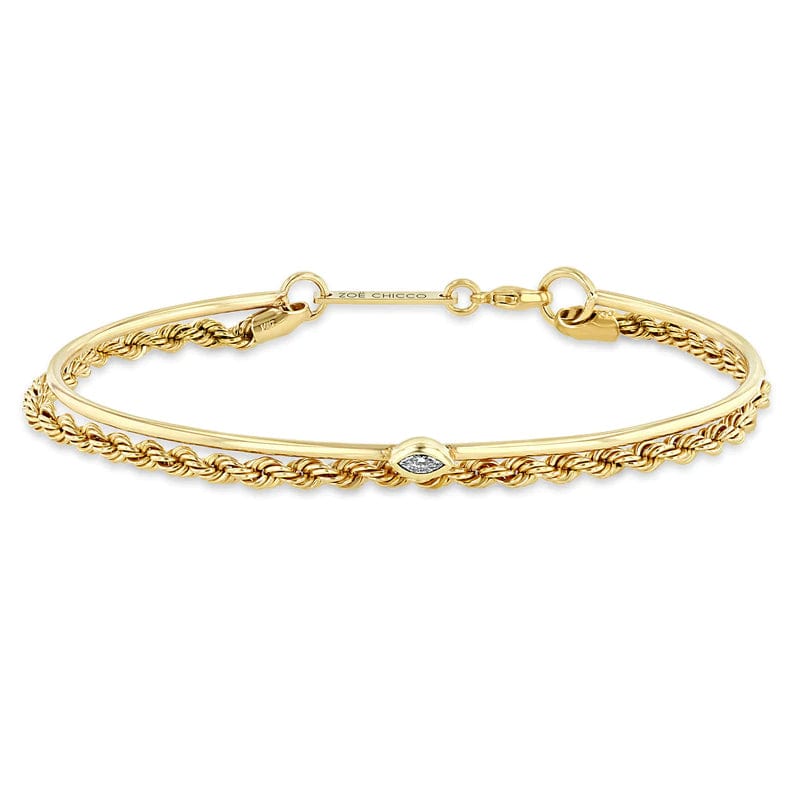 BRC-14K 14k Marquise Diamond Cuff & Medium Rope Chain Bracelet