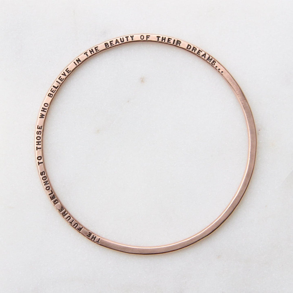 BRC-14K 14k Rose Gold Flat Hand Stamped Bangle ~ "The future belongs to those who believe..."