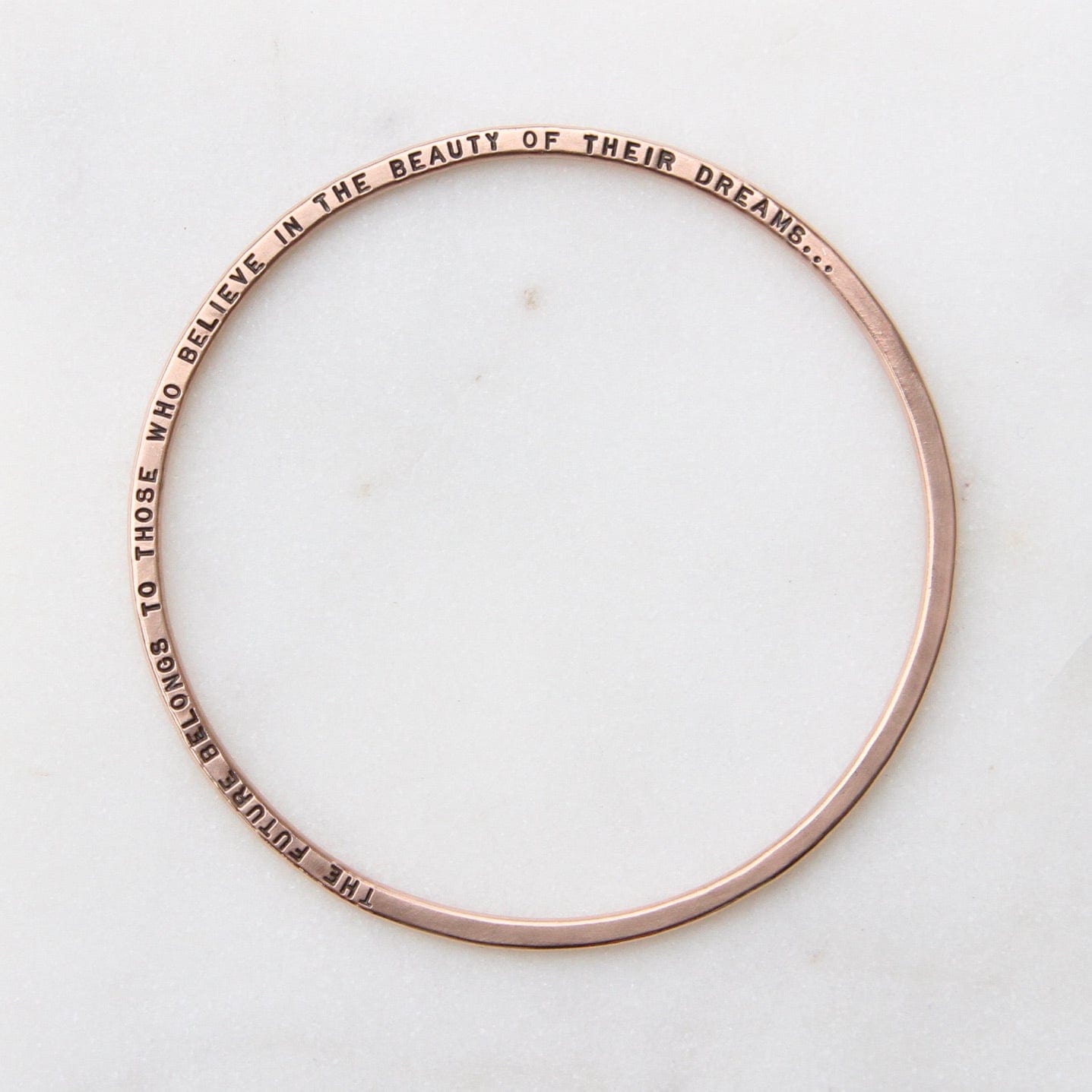 BRC-14K 14k Rose Gold Flat Hand Stamped Bangle ~ "The future belongs to those who believe..."