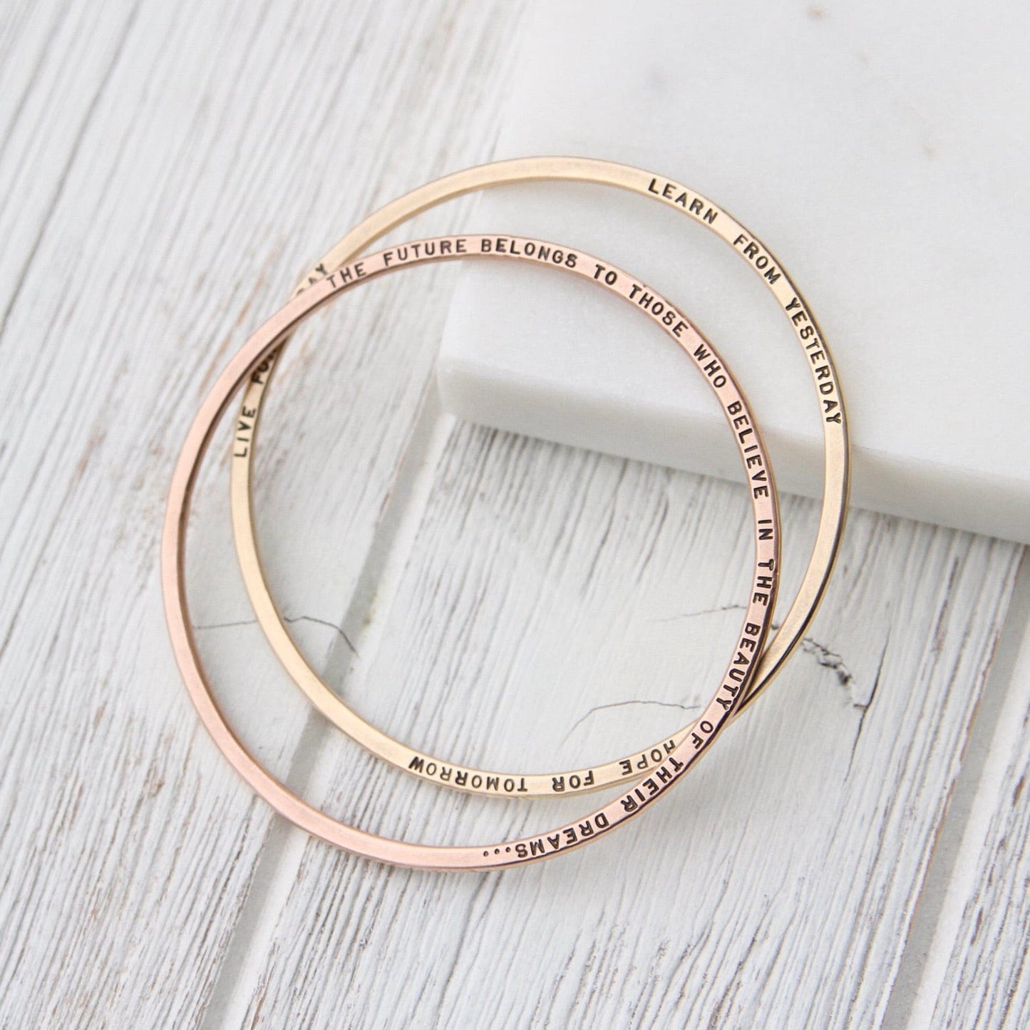 Load image into Gallery viewer, BRC-14K 14k Rose Gold Flat Hand Stamped Bangle ~ &amp;quot;The future belongs to those who believe...&amp;quot;
