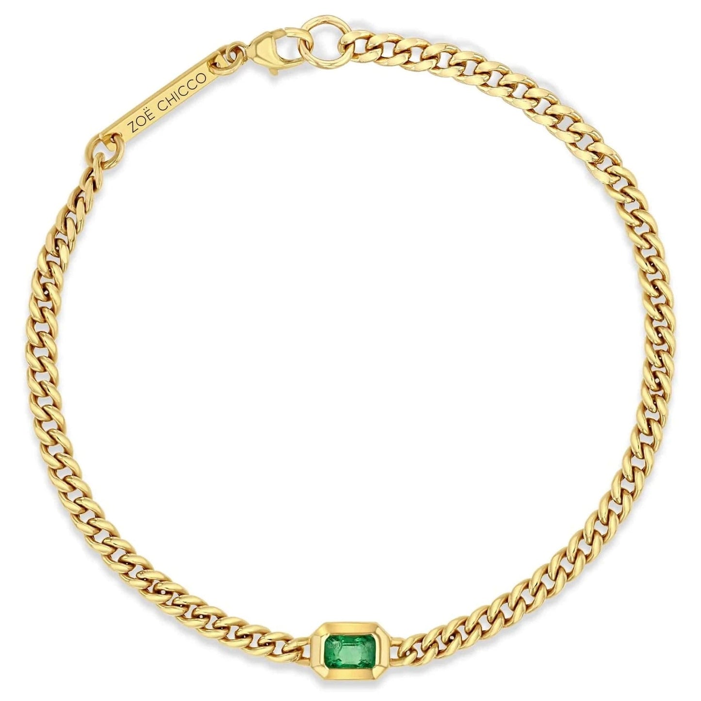 BRC-14K 14k Small Curb Chain Emerald Cut Emerald Bezel Braclet