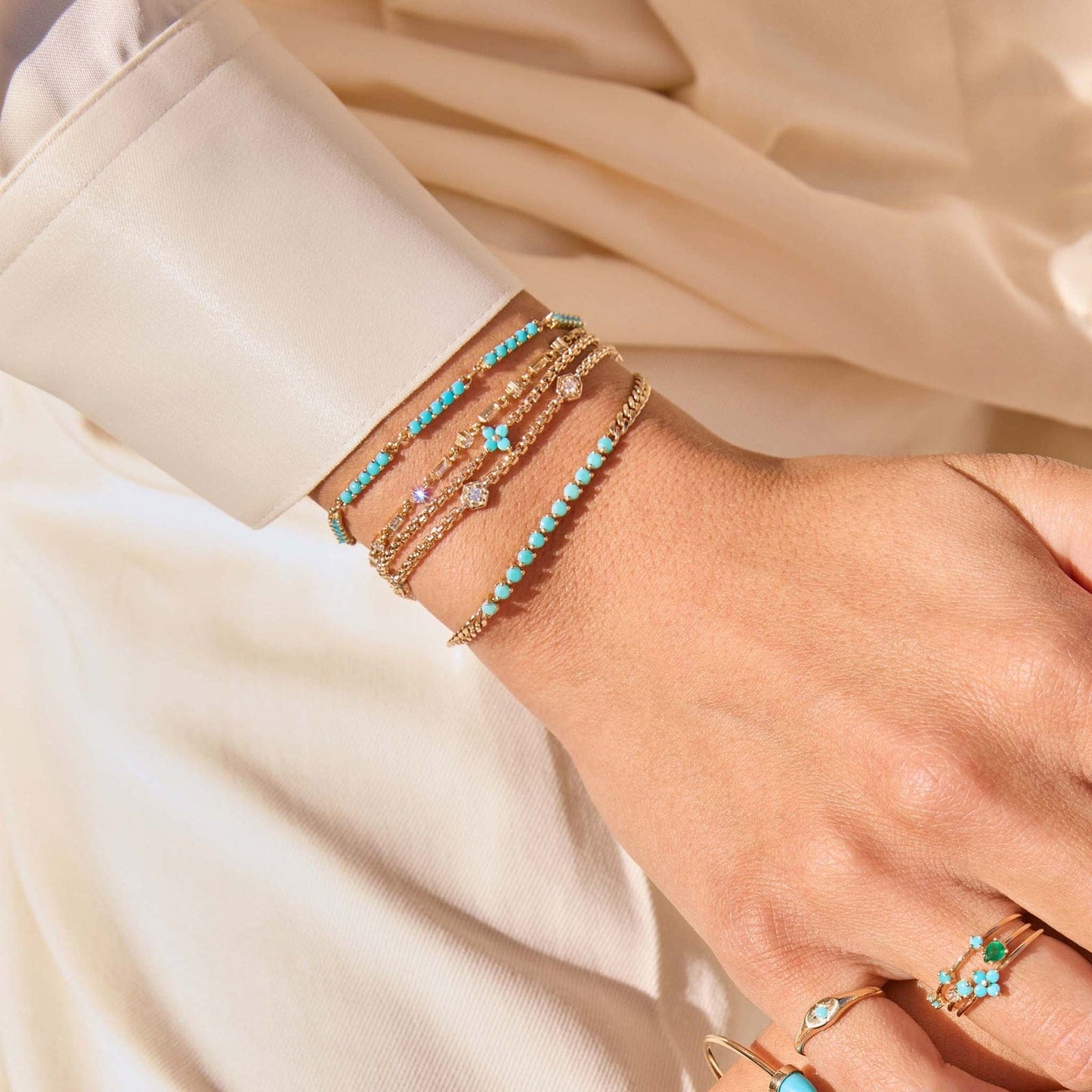 BRC-14K 14k Turquoise Tennis Segment Small Curb Chain Bracelet