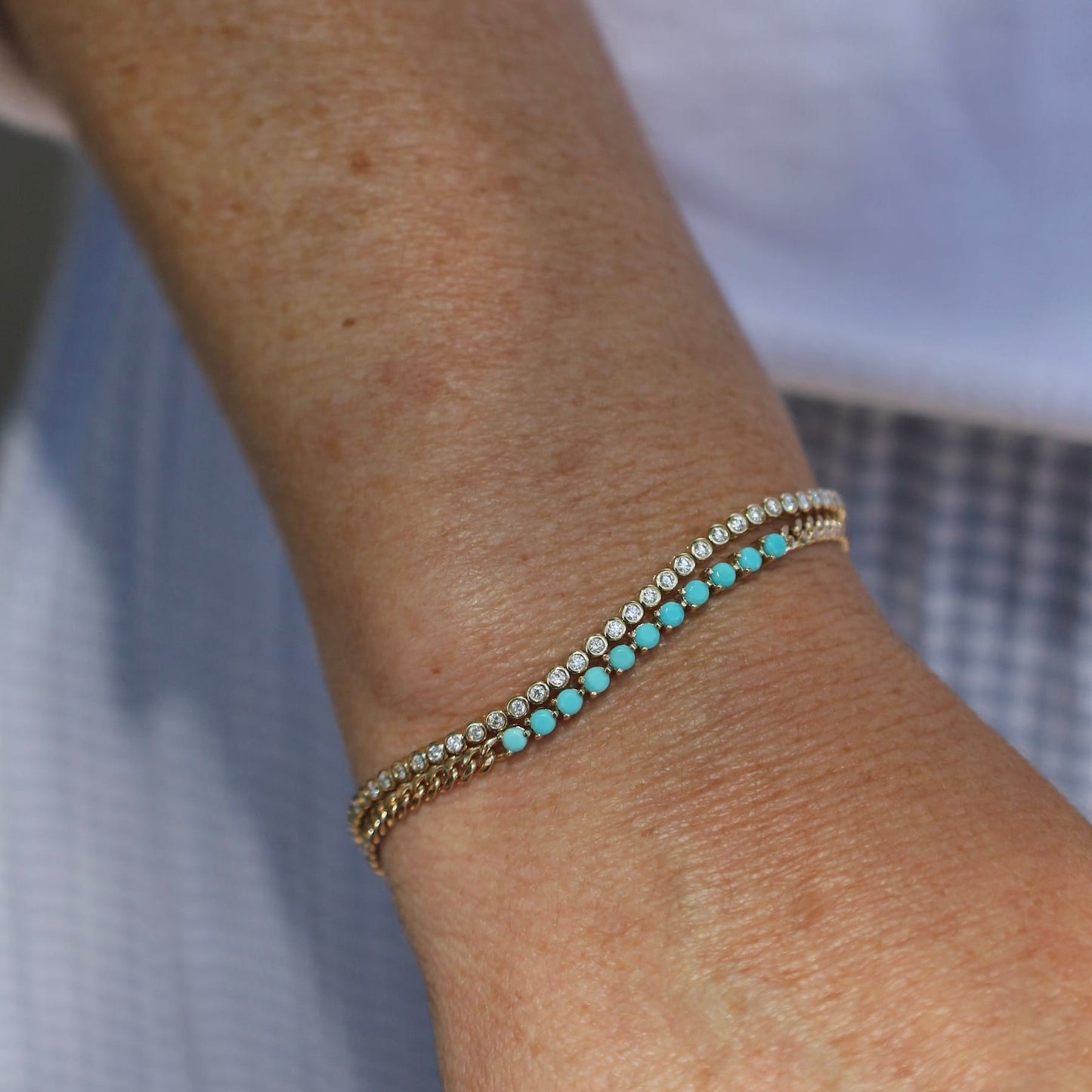 BRC-14K 14k Turquoise Tennis Segment Small Curb Chain Bracelet