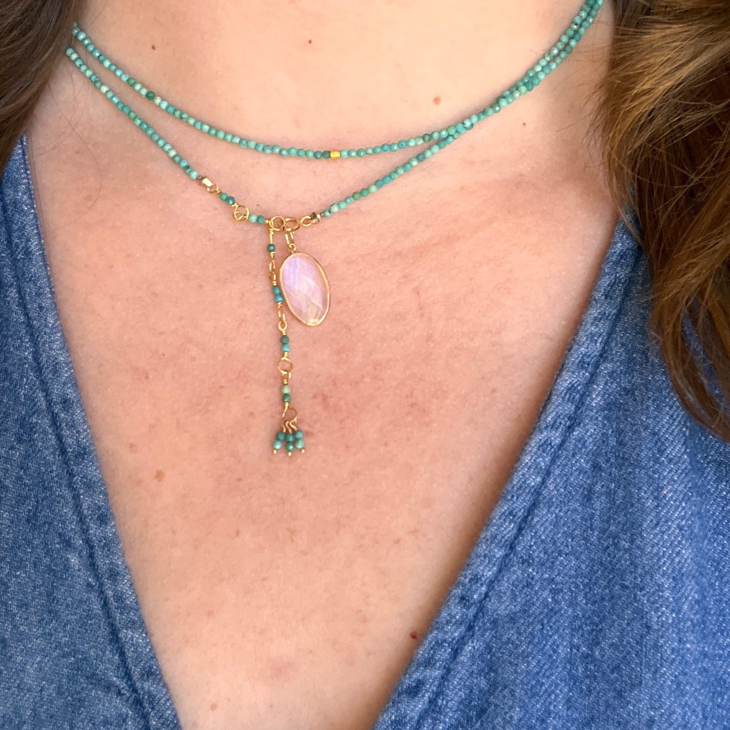 BRC-14K 14k Turquoise Wrap Bracelet & Necklace with 18K Hex Bead