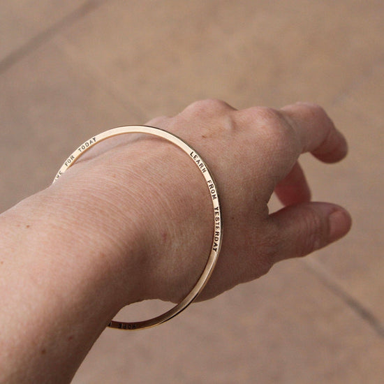 BRC-14K 14k Yellow Gold Flat Hand Stamped Bangle ~ "Live for today, Learn from yesterday, Hope for tomorrow"