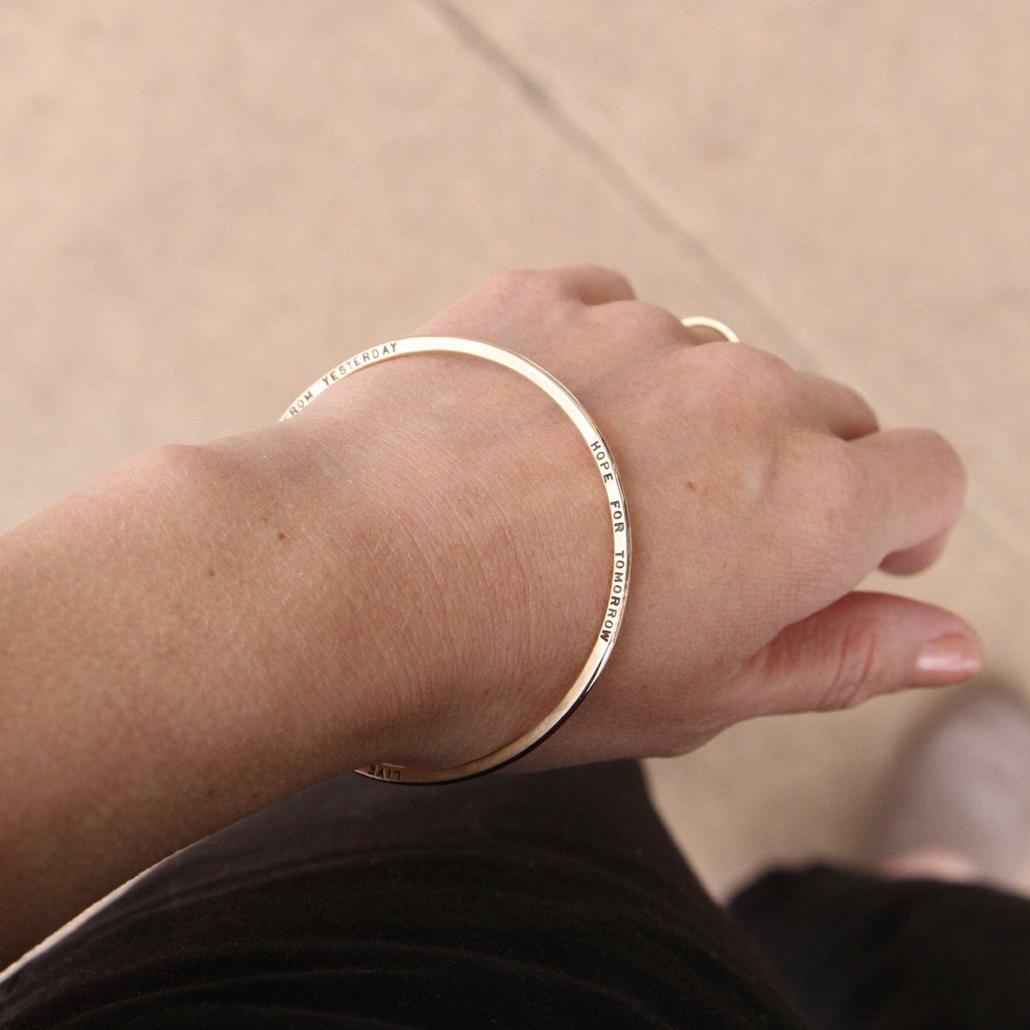 BRC-14K 14k Yellow Gold Flat Hand Stamped Bangle ~ "Live for today, Learn from yesterday, Hope for tomorrow"