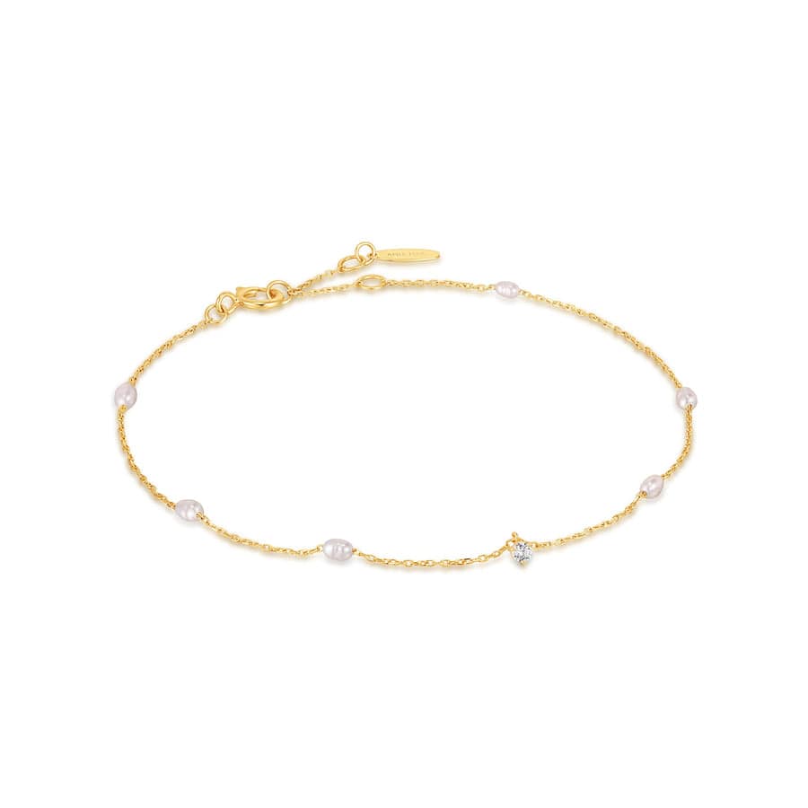 BRC-14K 14kt Gold Pearl and White Sapphire Bracelet