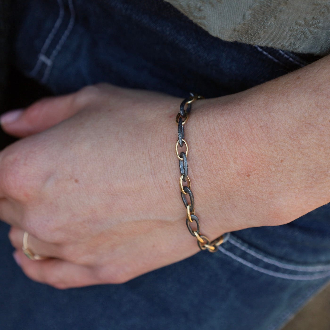 BRC-18K 18k Yellow Gold & Oxidized Sterling Silver Small Organic Link Bracelet