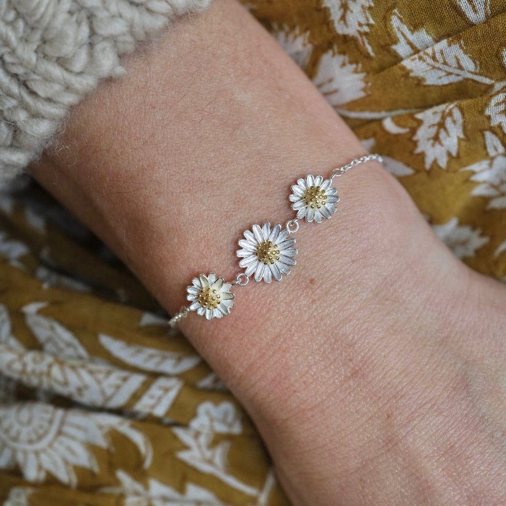 
                      
                        BRC 3 Silver Daisies with Gold Plated Centers Bracelet
                      
                    