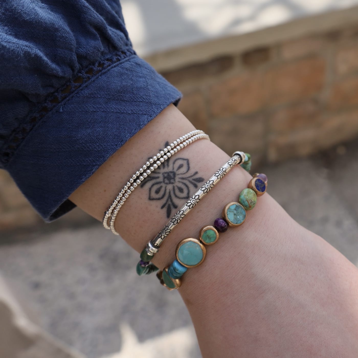 BRC Afghanistan Turquoise Silver Stretch Bracelet