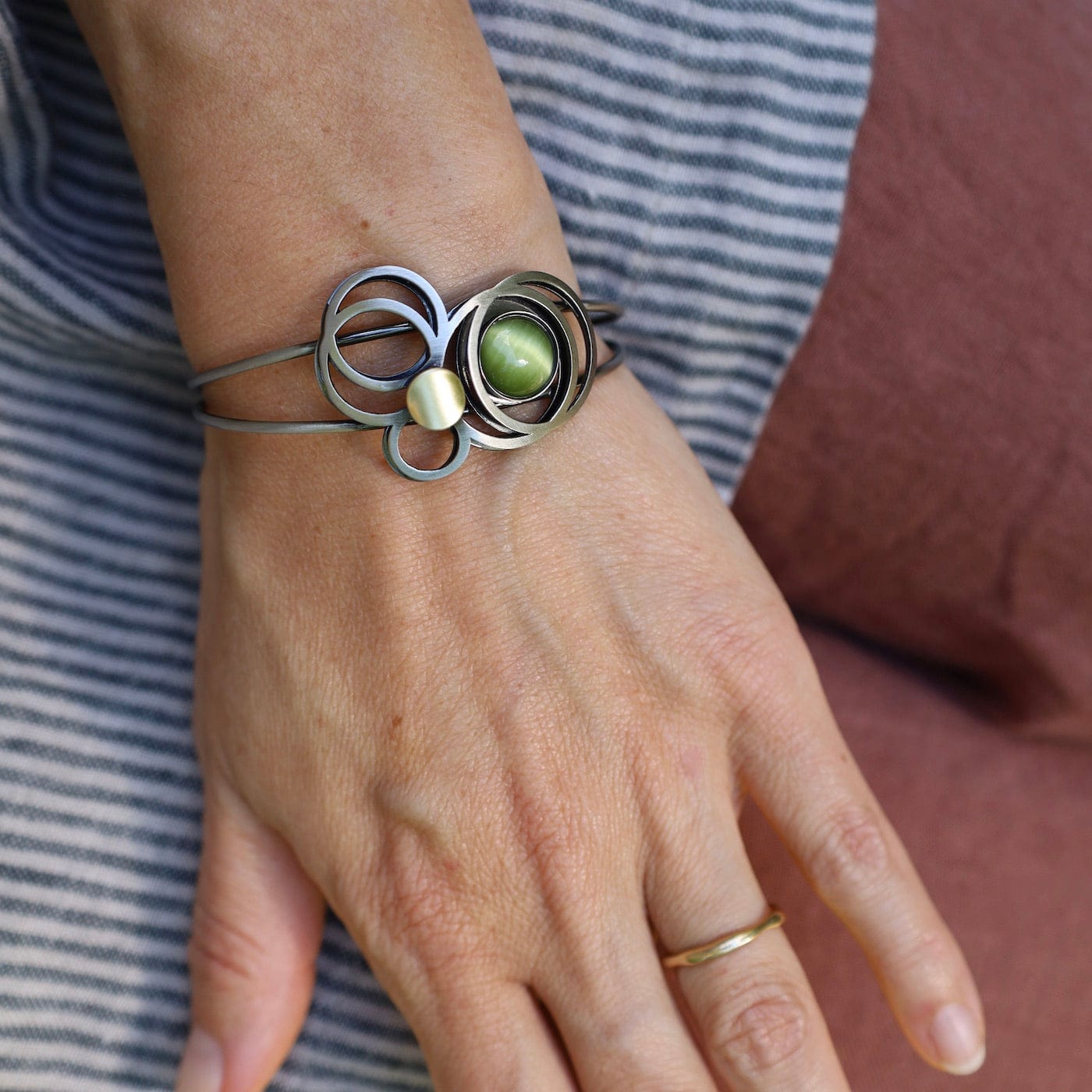 BRC-ALUM Aluminum Cuff with Brass and Green Acrylic