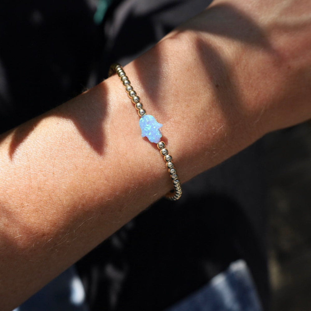 BRC Blue Opal Hamsa Gold Filled Ball Bracelet