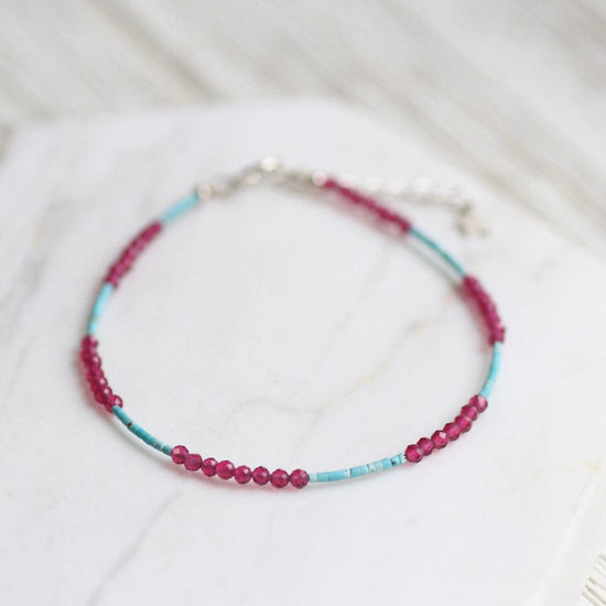 Load image into Gallery viewer, BRC Blue Turquoise and Pink Garnet Simple Stone Bracelet
