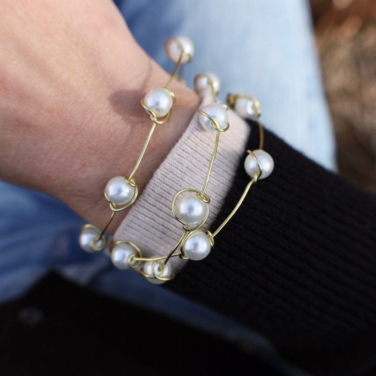 BRC-BRASS 8mm Glass Pearl Signature Bangles - Stack of 3 - S