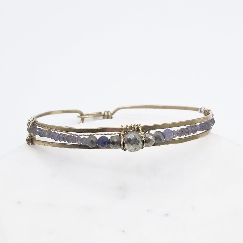 BRC-BRASS HAND FORMED BRASS CHANNEL BRACELET WITH PYRITE AND IOLITE