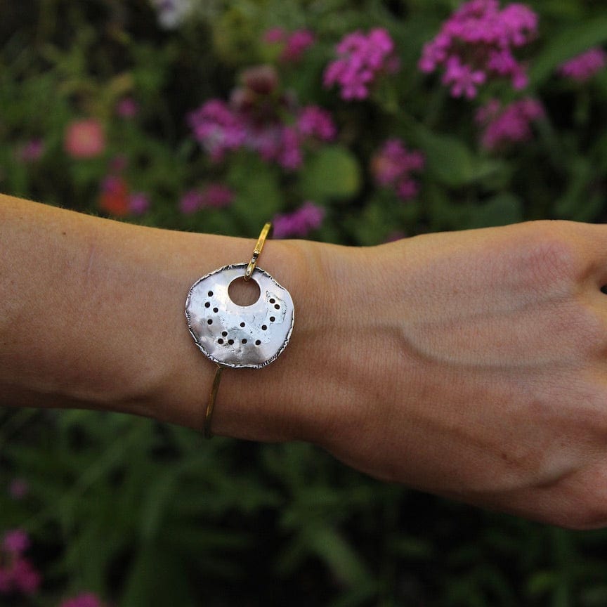 BRC Brass Hook Bangle with Sterling Silver Swiss Cheese Circle