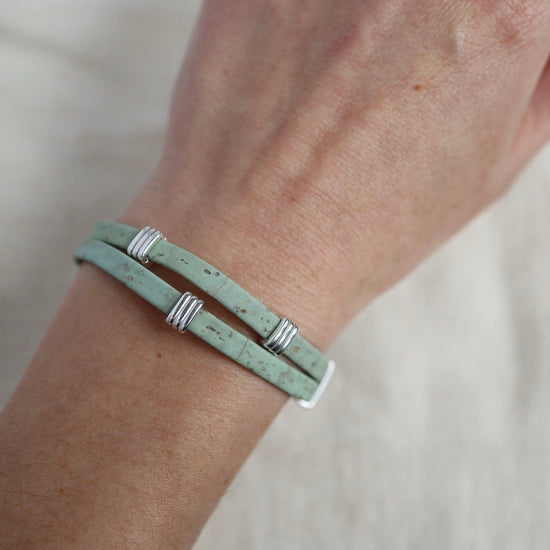BRC Classic Cork Bracelet With Striped Bands - Mint Green