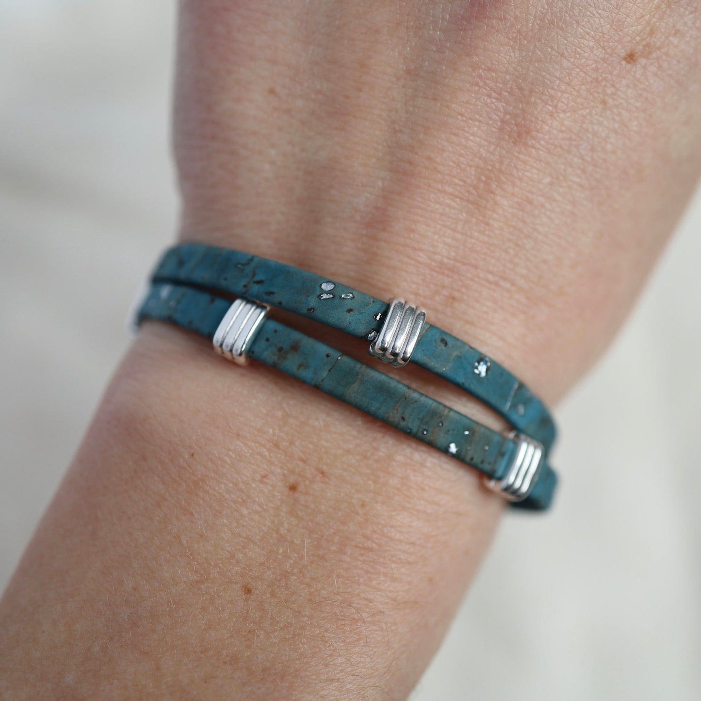 BRC Classic Cork Bracelet With Striped Bands - Sea Foam