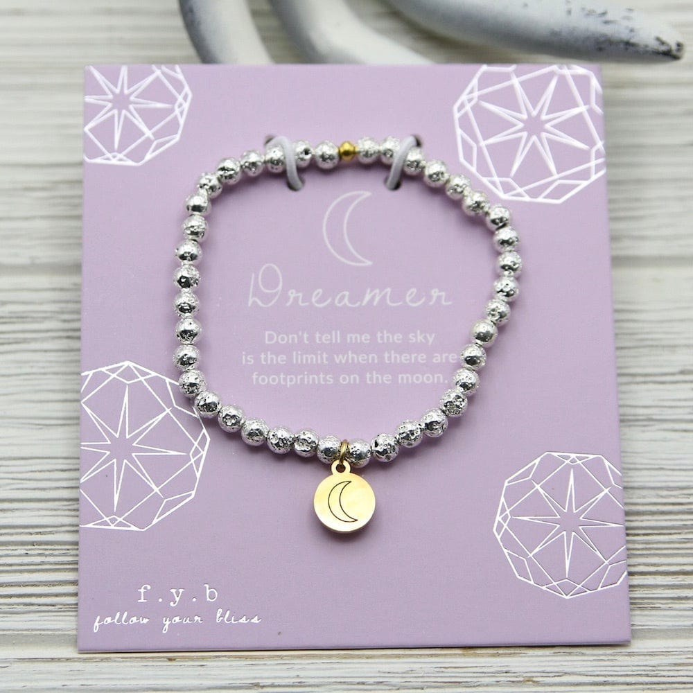 
                      
                        BRC Dreamer ~ Stretchy Silver Coated Lavastone Bracelet - Gold Charm
                      
                    