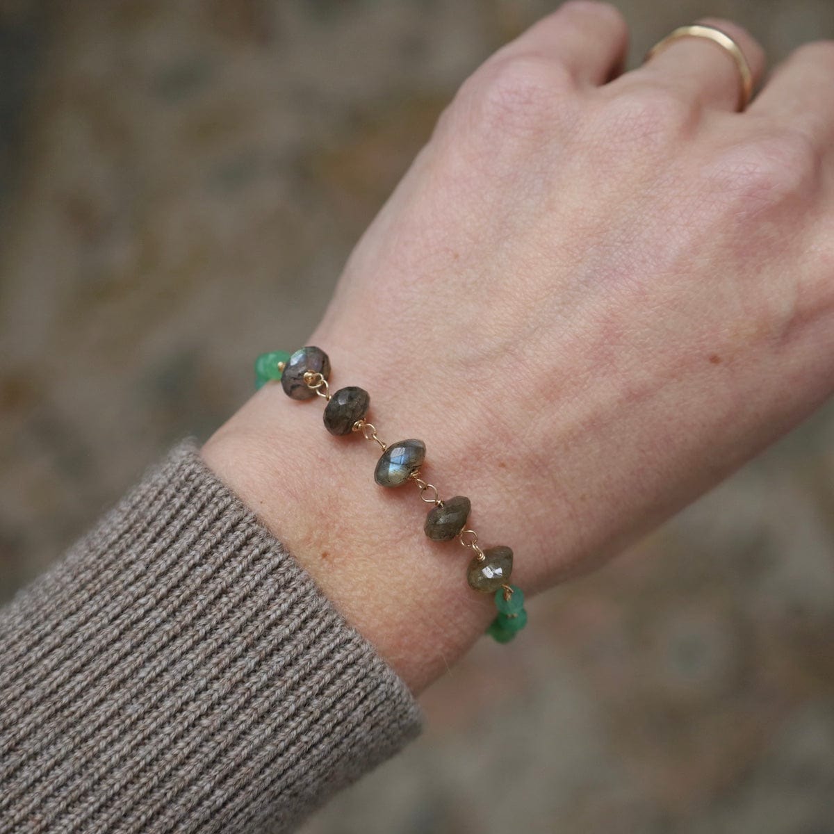 BRC-GF Chunky Labradorite & Chrysoprase Hand-tied Bead Chain Bracelet