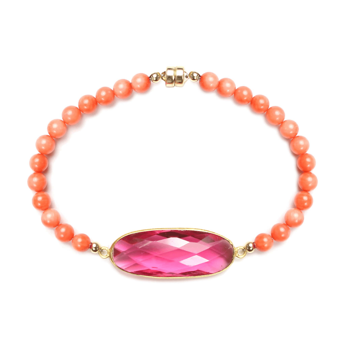 BRC-GF Rubellite Quartz Bezal Oval Link & Coral Bracelet