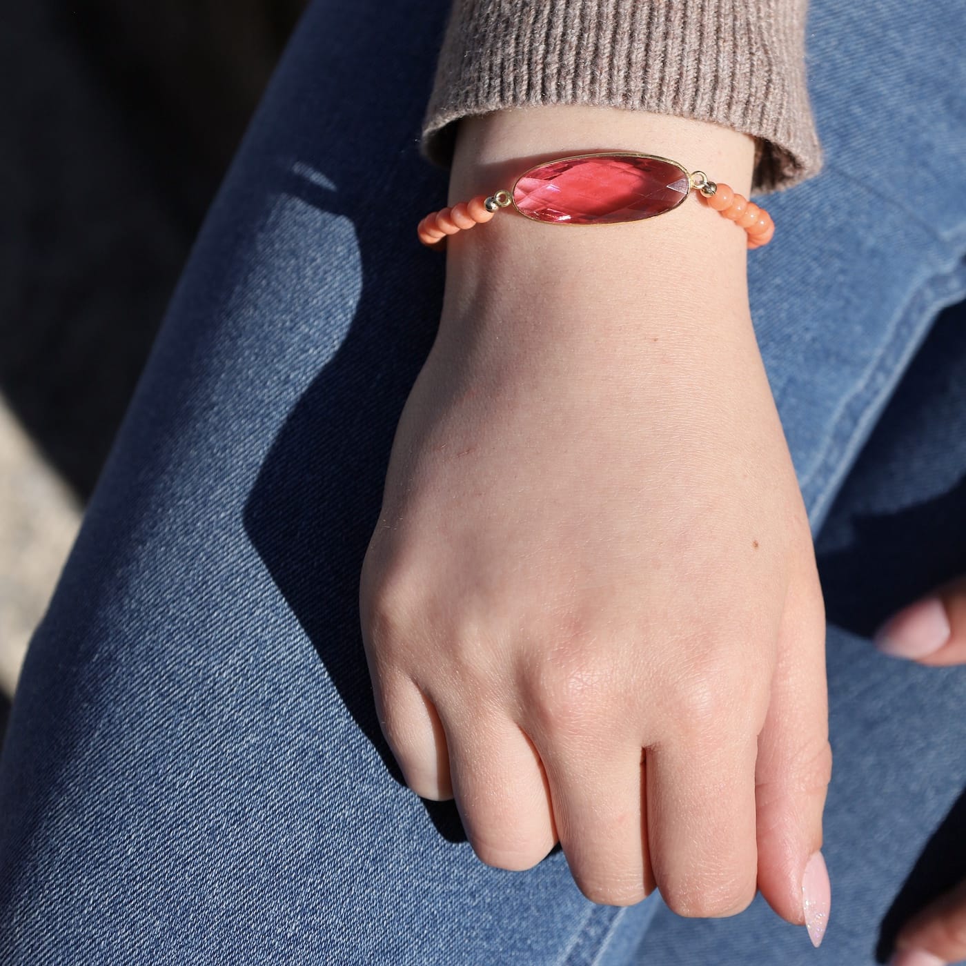 BRC-GF Rubellite Quartz Bezal Oval Link & Coral Bracelet